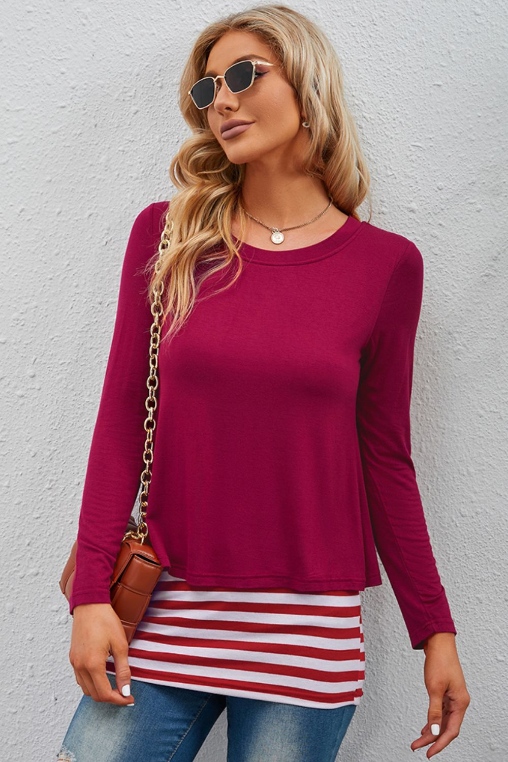 Full Size Striped Faux Layered Long Sleeve Top-Angel Casuals