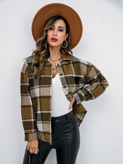 Plaid Button Up Collared Neck Jacket-Angel Casuals