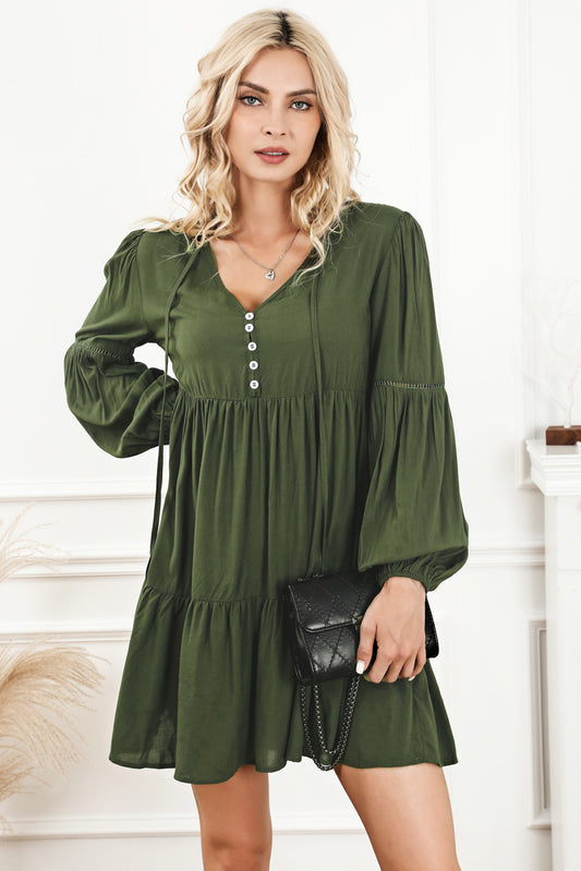 Tie Neck Long Sleeve Tiered Dress-Angel Casuals