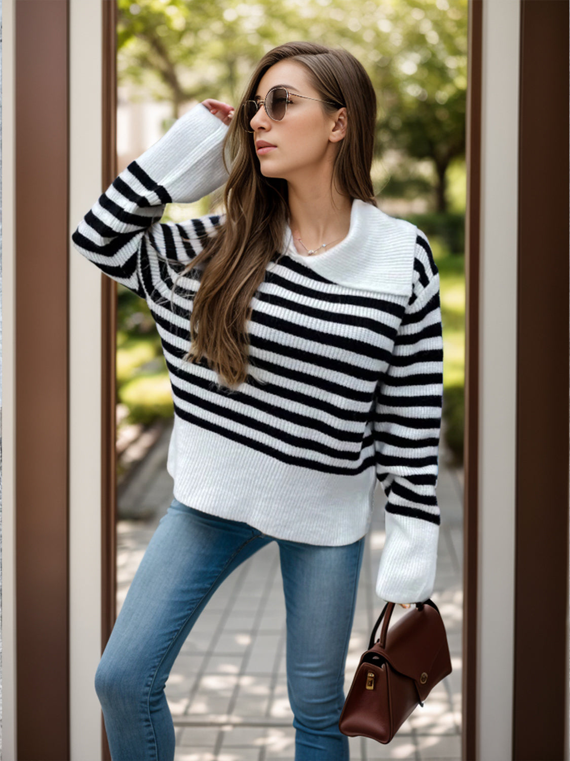 Striped Collared Neck Long Sleeve Sweater-Angel Casuals