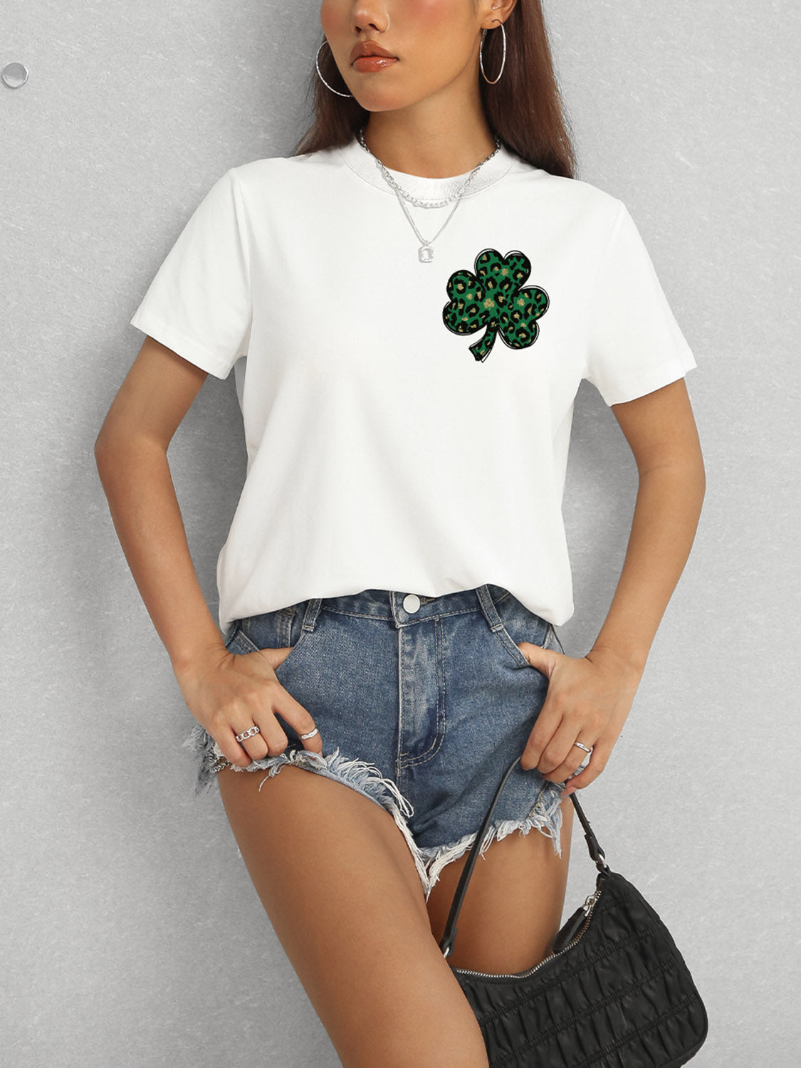 Lucky Clover Round Neck Short Sleeve T-Shirt-Angel Casuals