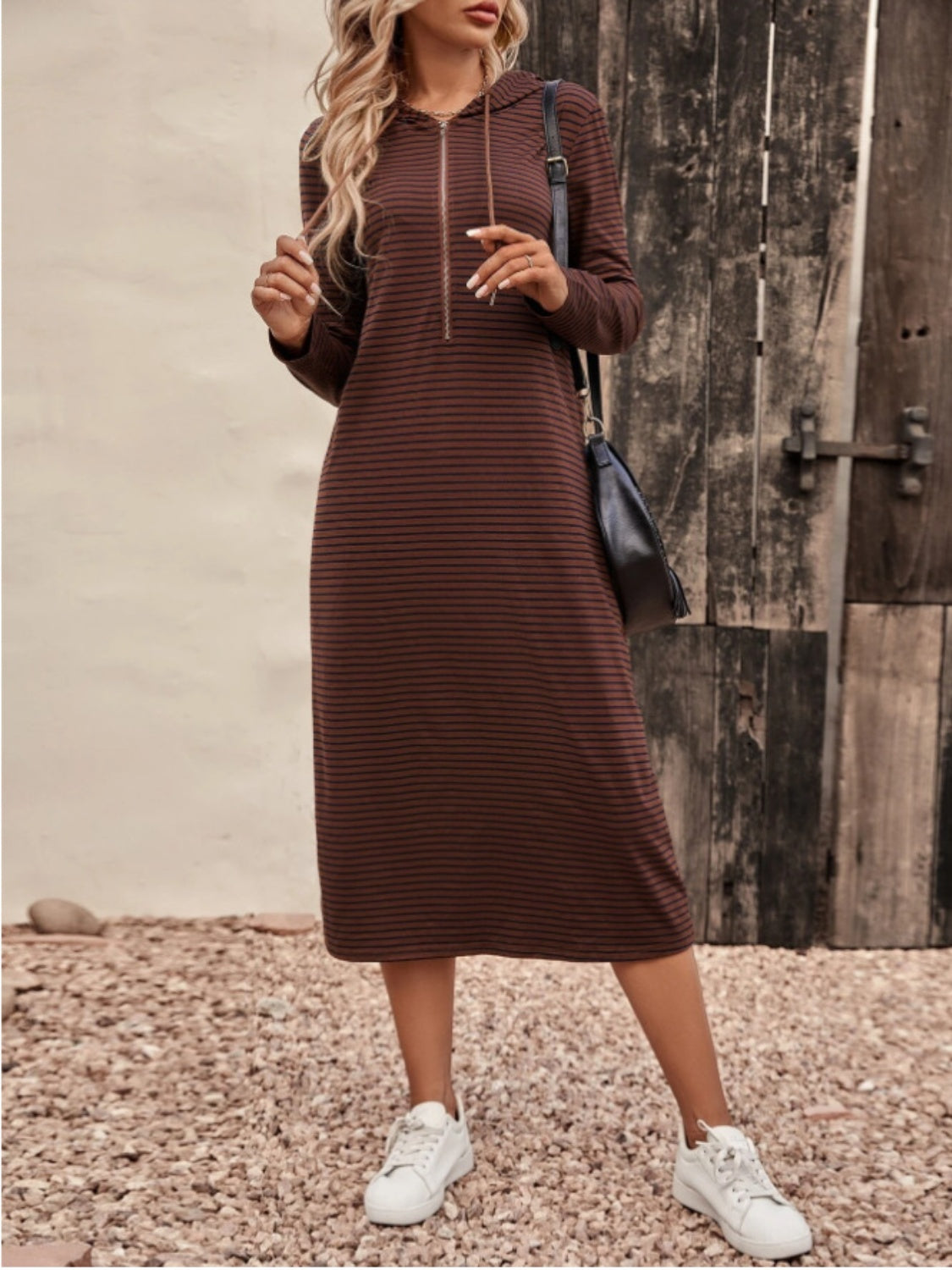 Striped Zip Front Hooded Dress-Angel Casuals