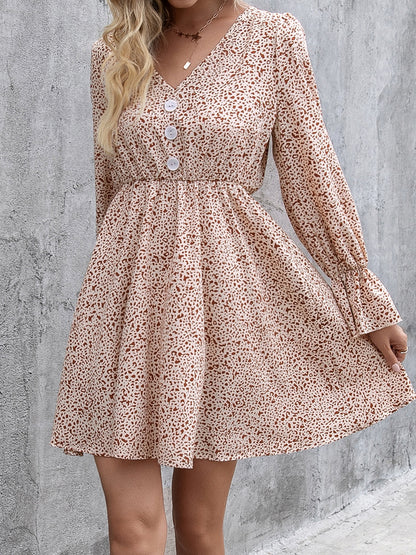 Decorative Button V-Neck Flounce Sleeve Dress-Angel Casuals