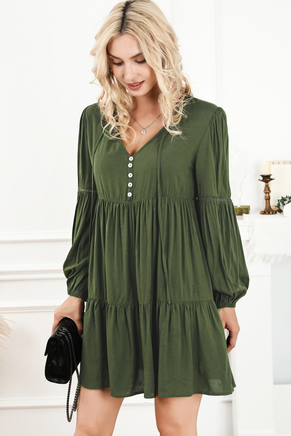 Tie Neck Long Sleeve Tiered Dress-Angel Casuals