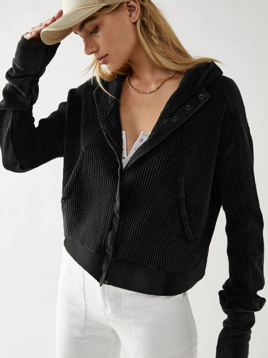 Waffle-Knit Dropped Shoulder Hooded Jacket-Angel Casuals