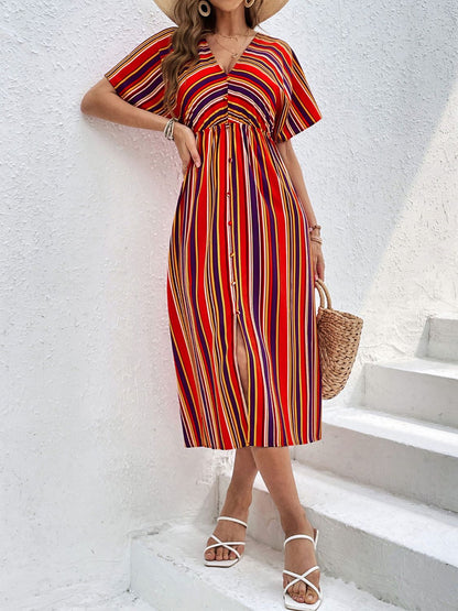 Slit Striped V-Neck Short Sleeve Midi Dress-Angel Casuals