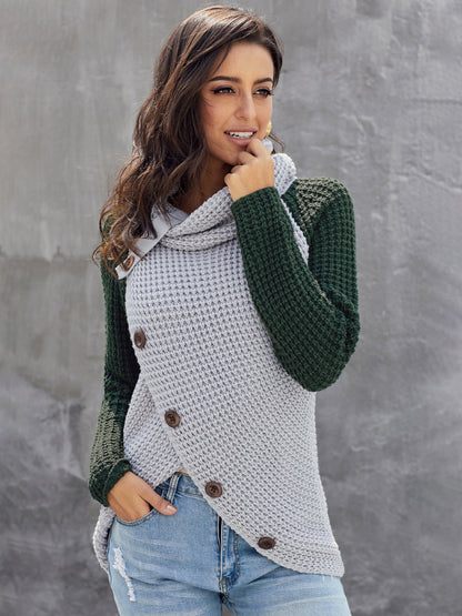 Contrast Decorative Button Turtleneck Sweater-Angel Casuals