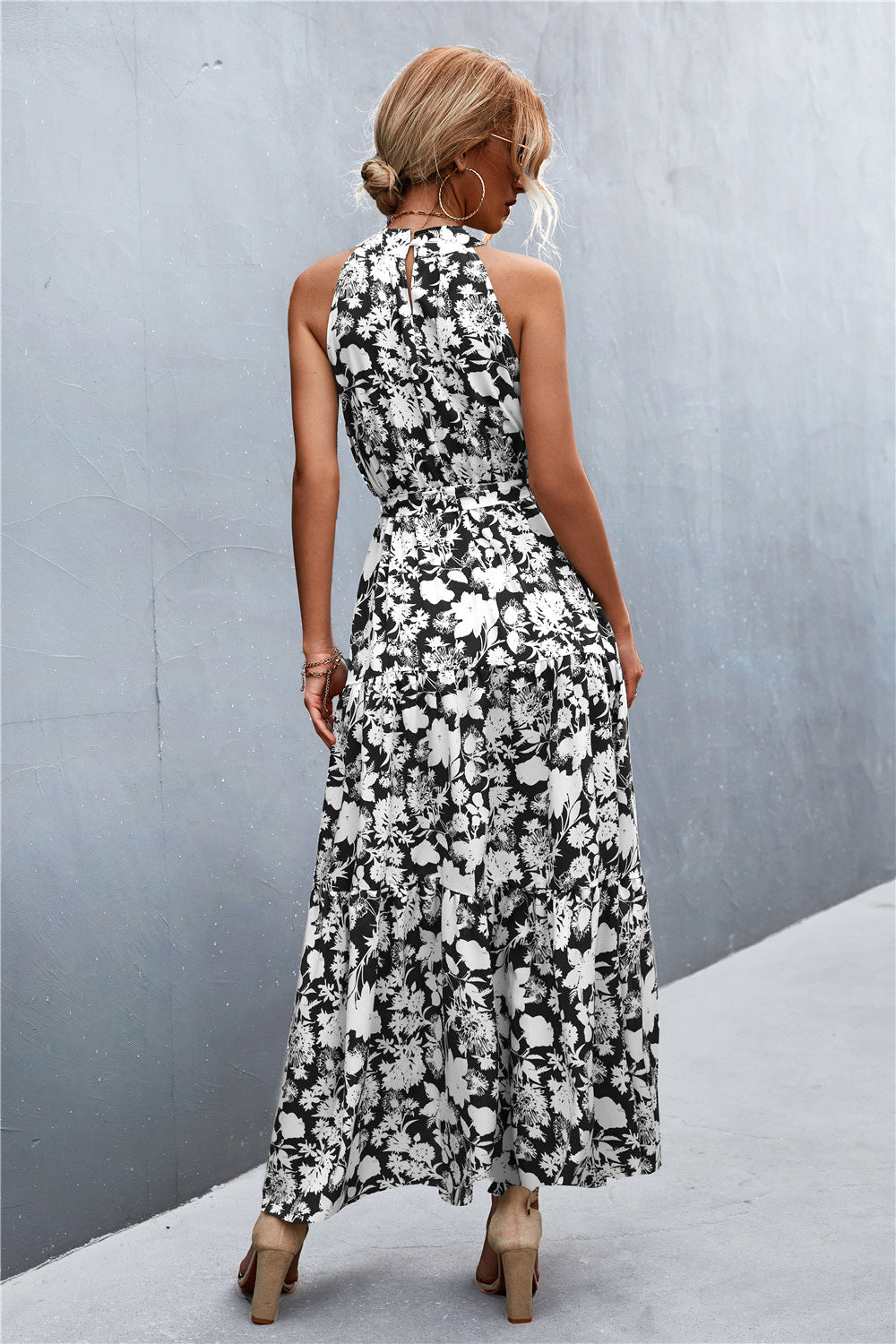 Printed Sleeveless Tie Waist Maxi Dress-Angel Casuals