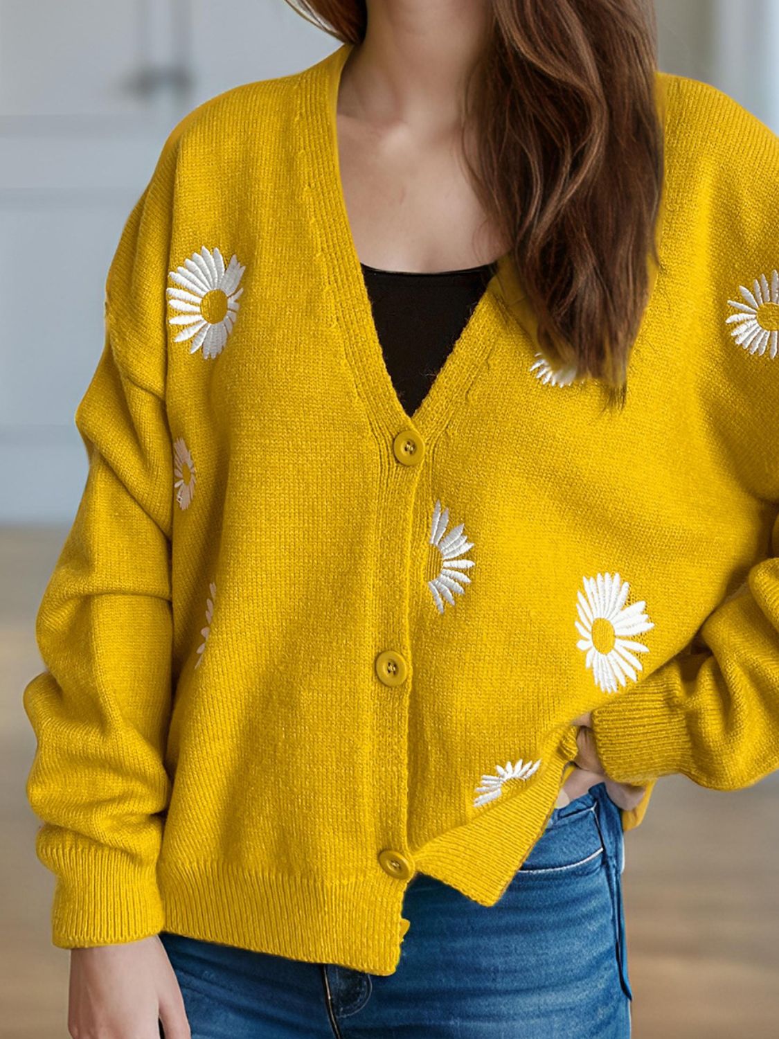 Daisy Button Up V-Neck Cardigan-Angel Casuals