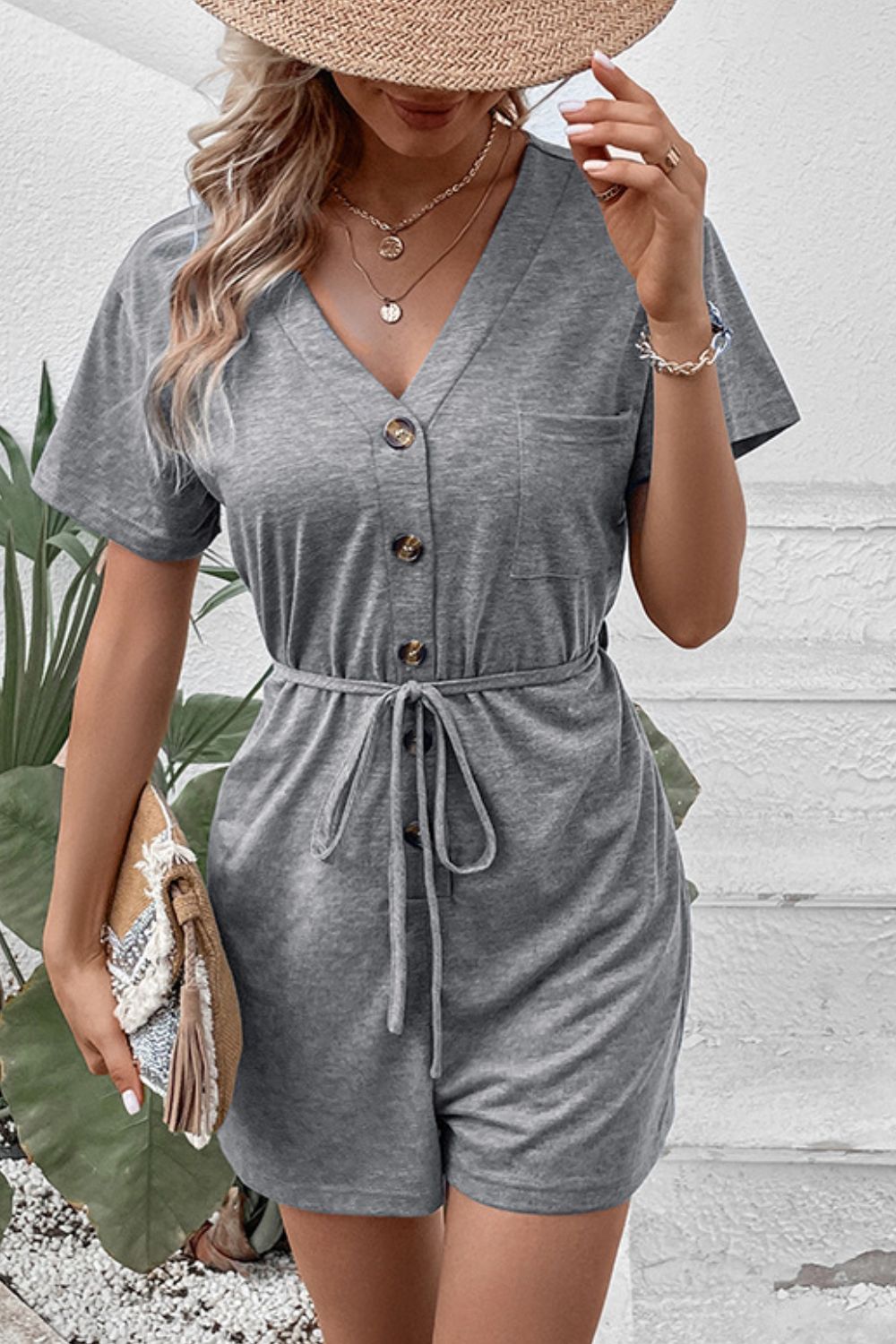 V-Neck Short Sleeve Tied Romper-Angel Casuals