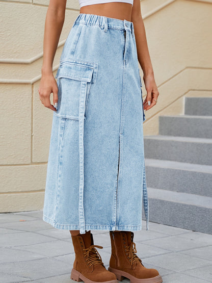 Slit Pocketed High Waist Denim Skirt-Angel Casuals