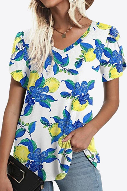 Printed Petal Sleeve V-Neck Blouse-Angel Casuals