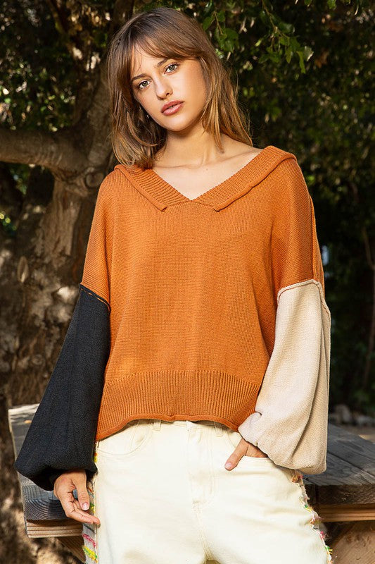 POL Exposed Seam Roll Edge Color Block V Neck Sweater-Angel Casuals