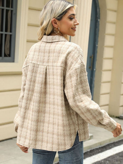 Plaid Collared Neck Long Sleeve Jacket-Angel Casuals