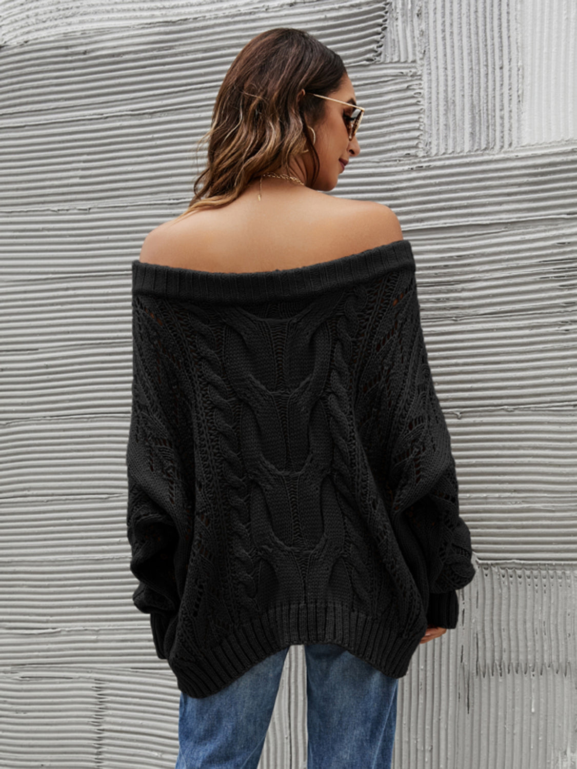 Cable Knit Openwork Off-Shoulder Sweater-Angel Casuals