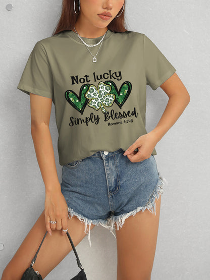 Lucky Clover Round Neck Short Sleeve T-Shirt-Angel Casuals
