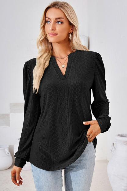 Ruched Notched Long Sleeve T-Shirt-Angel Casuals