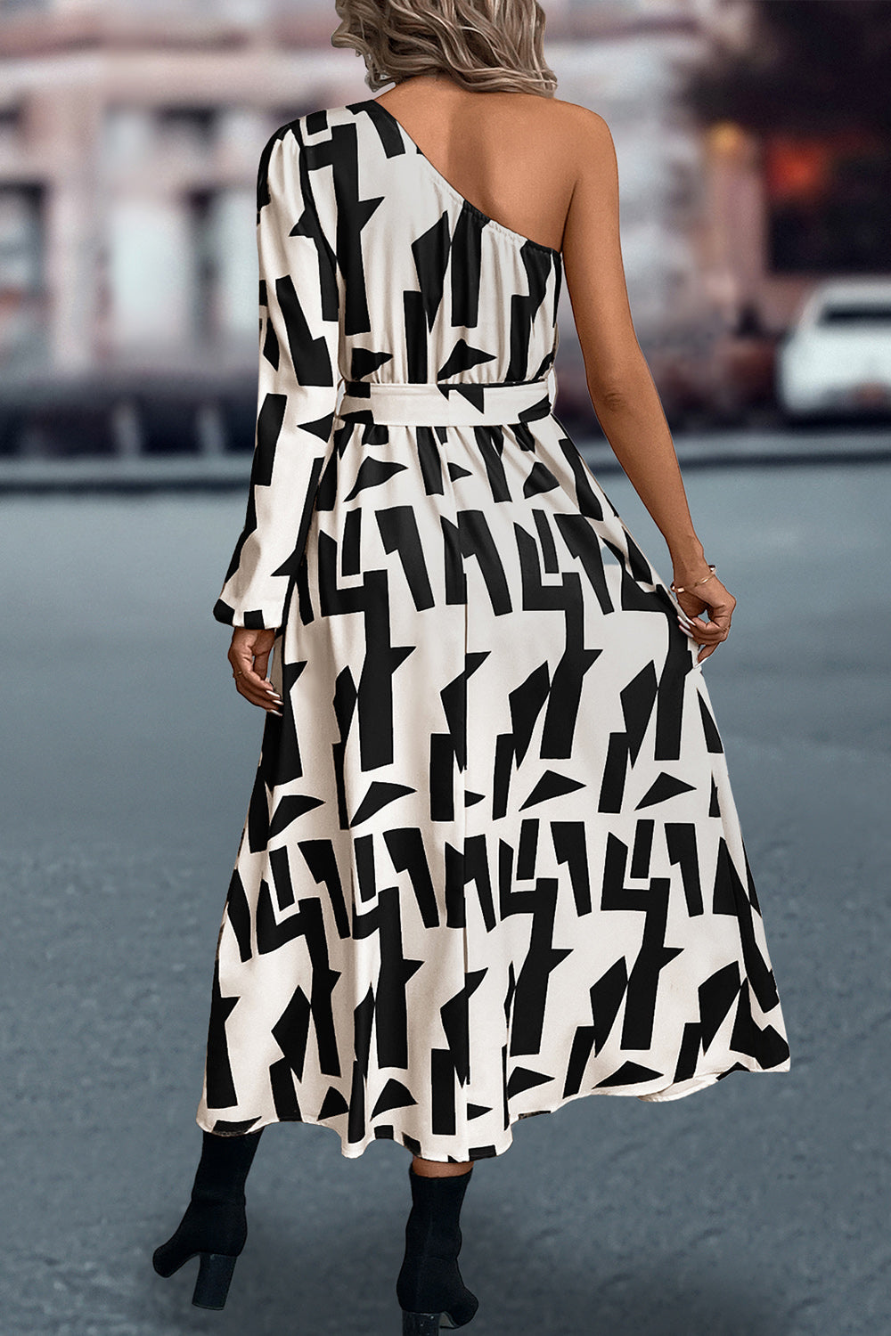 Printed One-Shoulder Tie Waist Dress-Angel Casuals