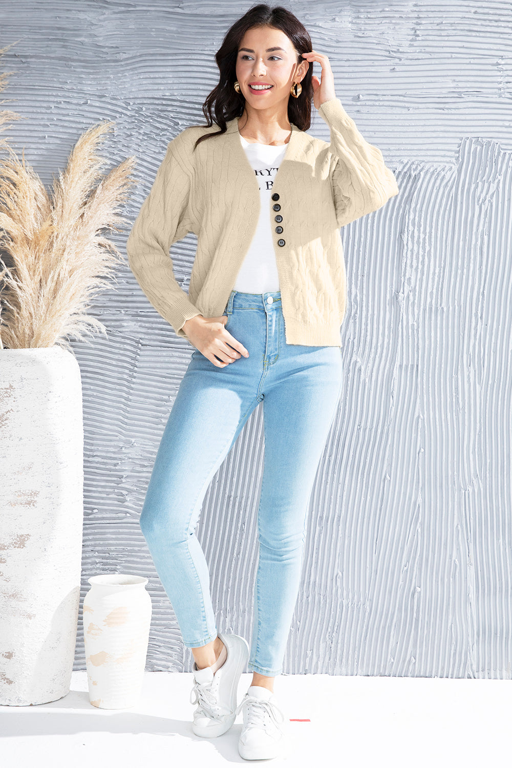 Cable-Knit Button Up Dropped Shoulder Cardigan-Angel Casuals