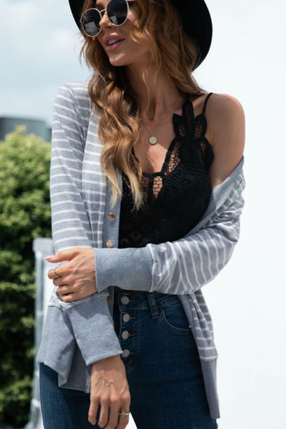 Striped Snap Down Long Sleeve Cardigan-Angel Casuals