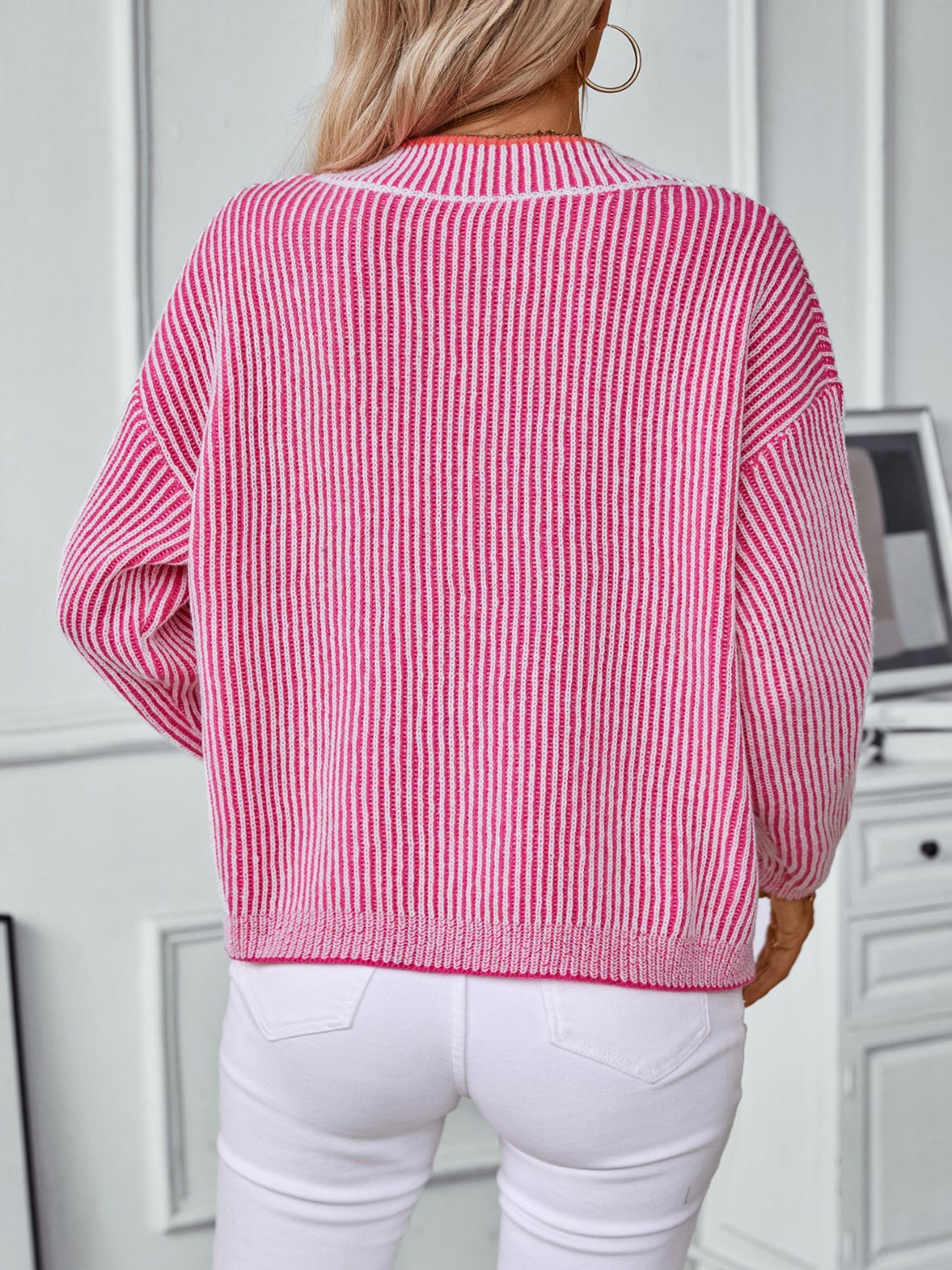 Striped V-Neck Long Sleeve Sweater-Angel Casuals