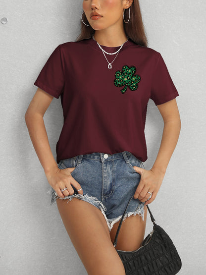 Lucky Clover Round Neck Short Sleeve T-Shirt-Angel Casuals