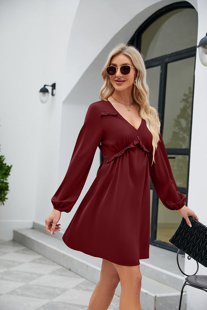 Frill Trim V-Neck Long Sleeve Dress-Angel Casuals