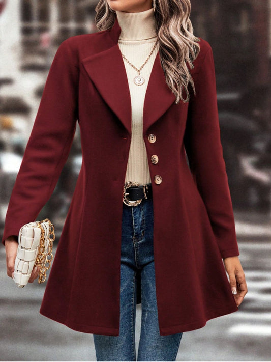 Collared Neck Button Up Long Sleeve Coat-Angel Casuals