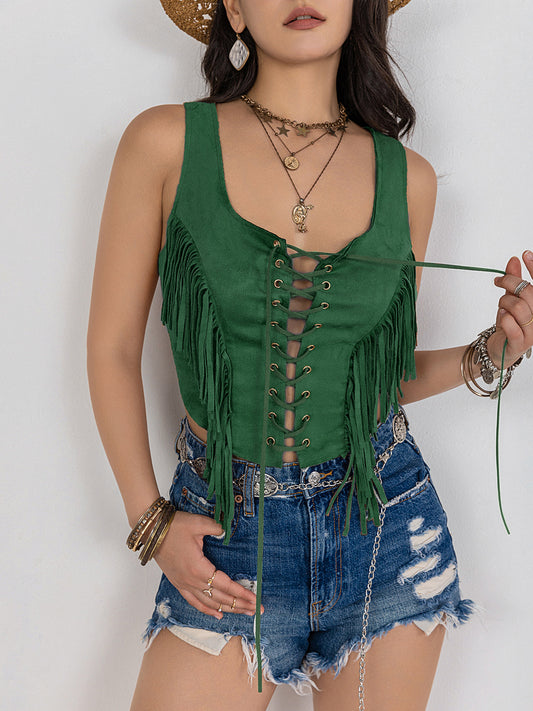 Fringe Lace-Up Wide Strap Tank-Angel Casuals