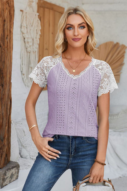 Eyelet V-Neck Lace Short Sleeve T-Shirt-Angel Casuals