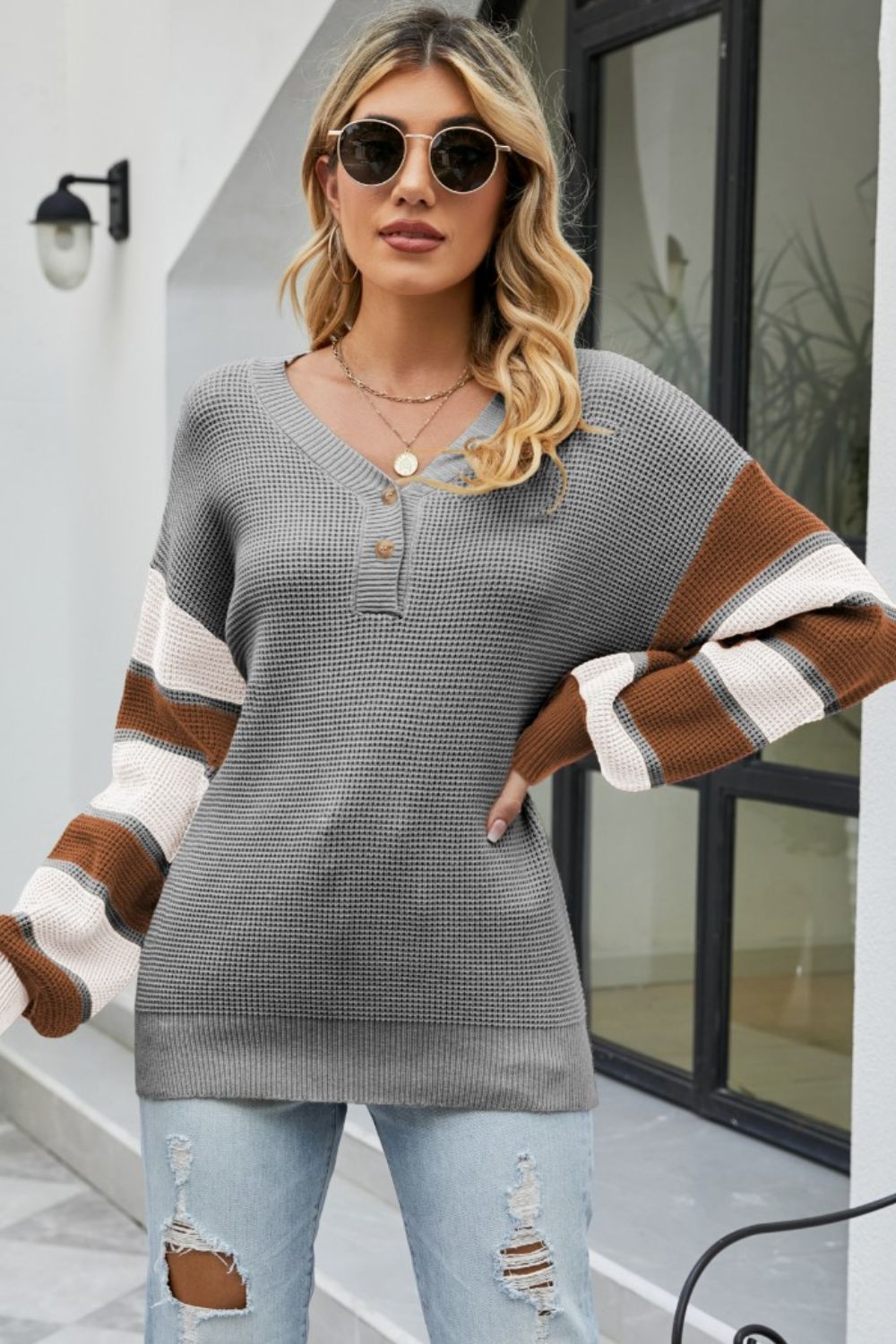 Color Block V-Neck Dropped Shoulder Sweater-Angel Casuals