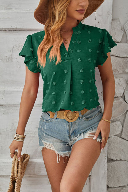 Swiss Dot Notched Cap Sleeve T-Shirt-Angel Casuals
