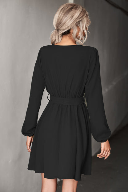 Contrast V-Neck Belted Dress-Angel Casuals