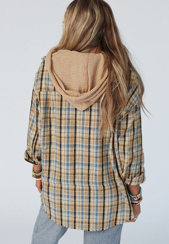 Drawstring Waffle Knit Patchwork Hooded Plaid Shacket-Angel Casuals