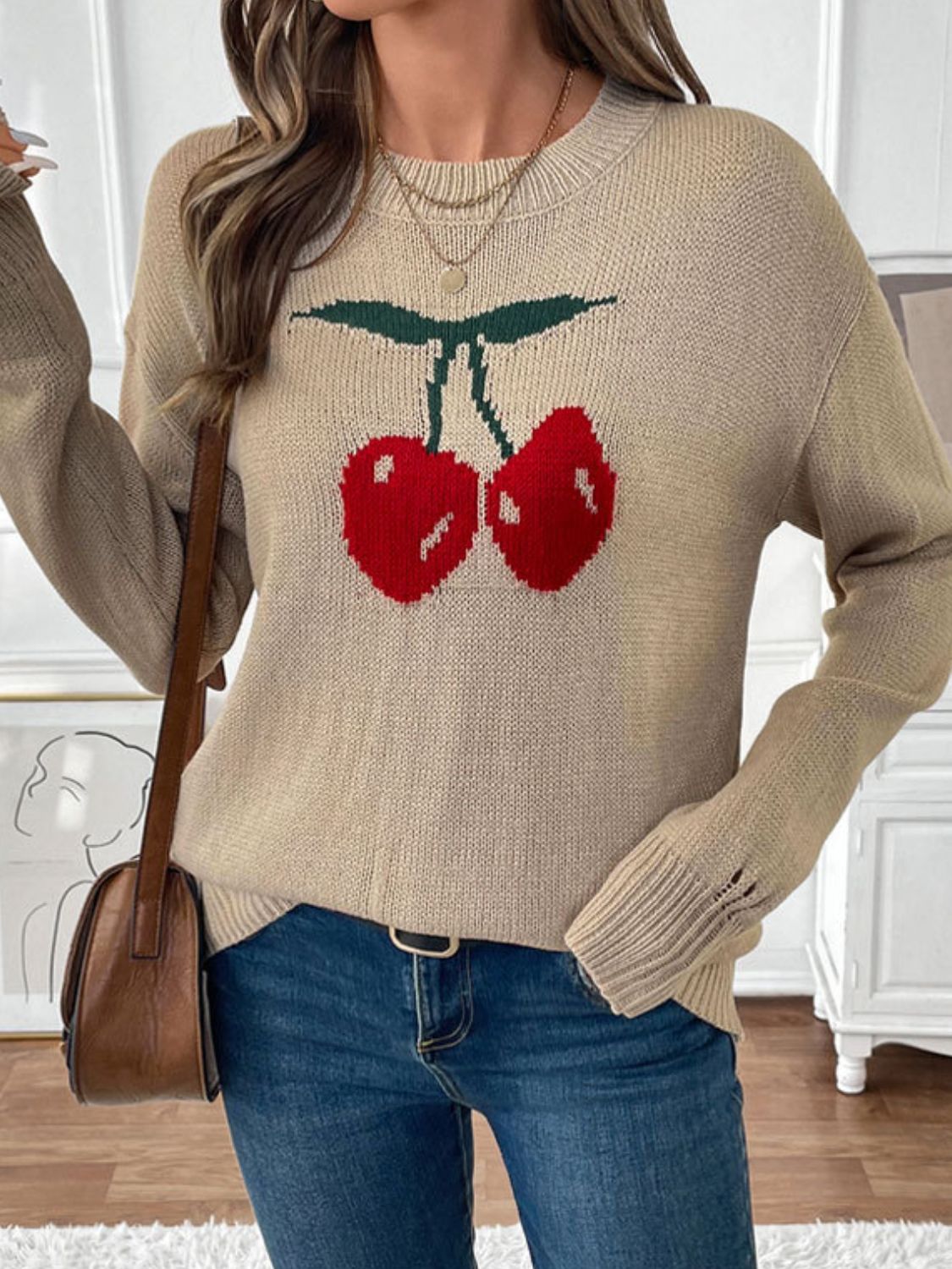 Perfee Cherry Round Neck Long Sleeve Sweater-Angel Casuals