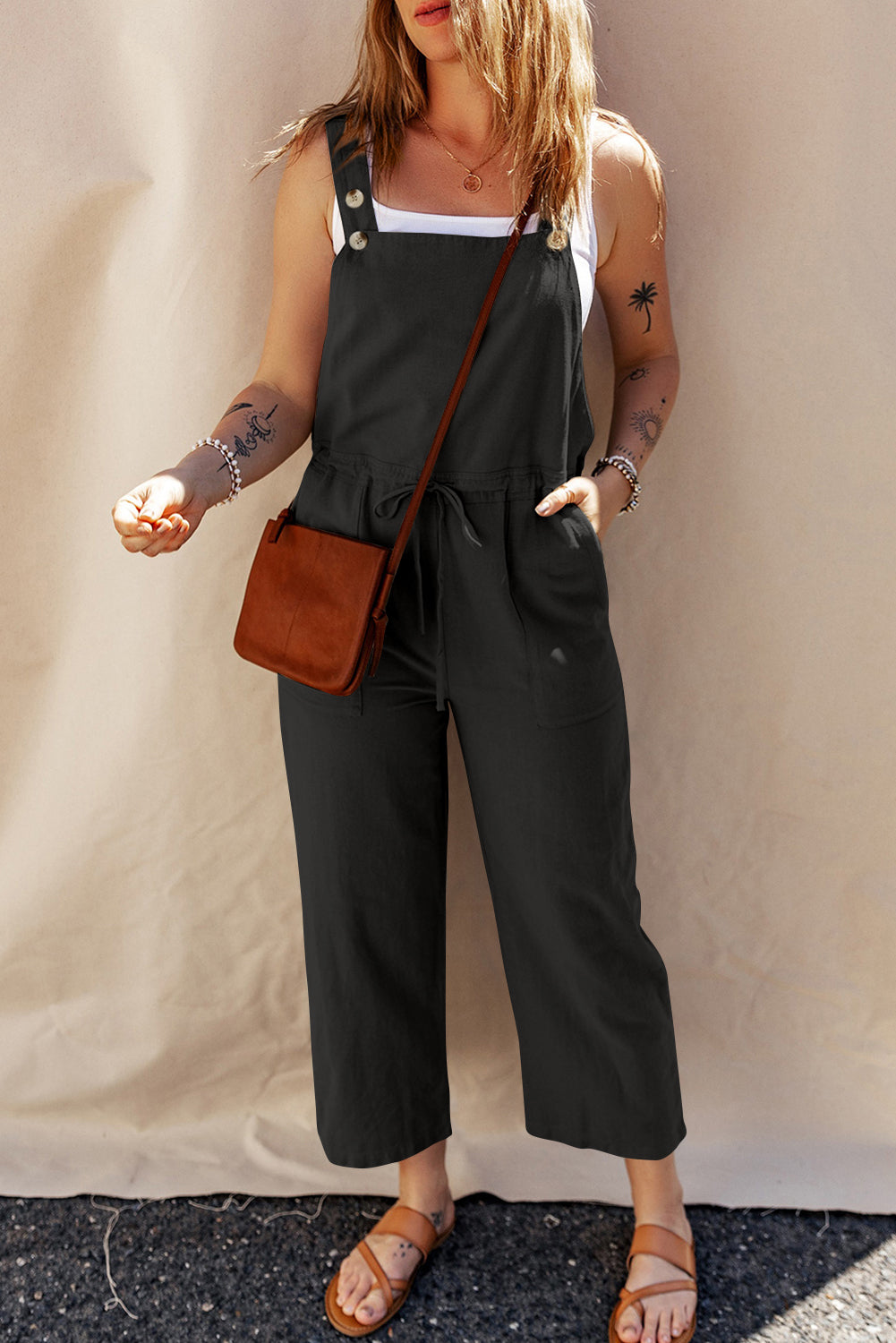 Drawstring Wide Strap Overalls with Pockets-Angel Casuals