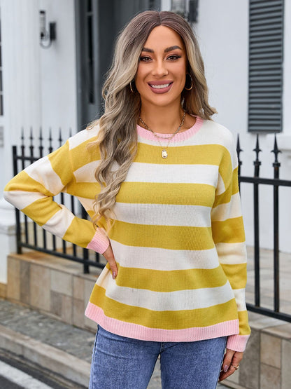 Angel Wings Striped Round Neck Dropped Shoulder Sweater-Angel Casuals