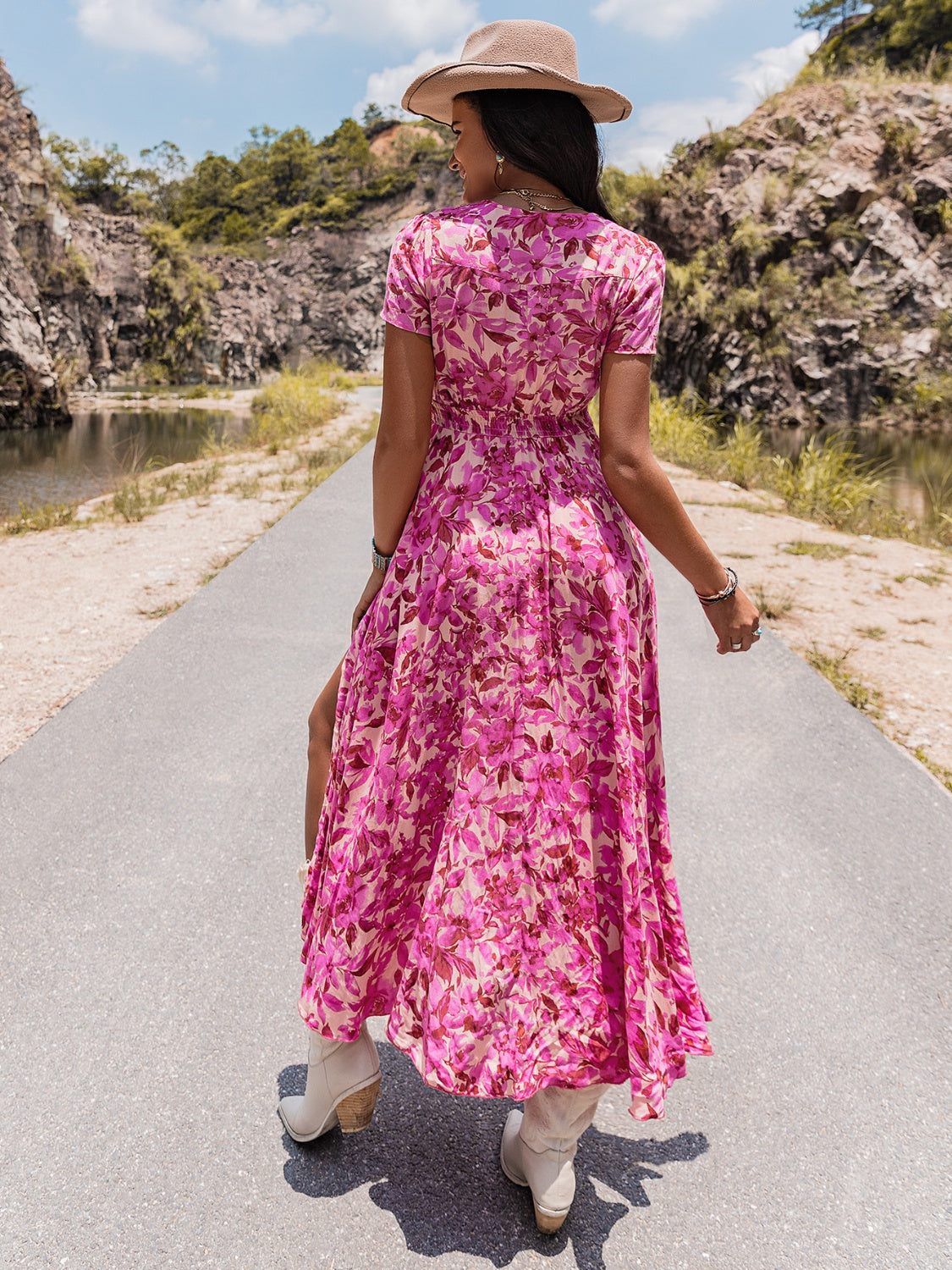 Floral V-Neck Slit Dress-Angel Casuals