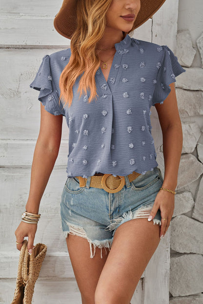 Swiss Dot Notched Cap Sleeve T-Shirt-Angel Casuals
