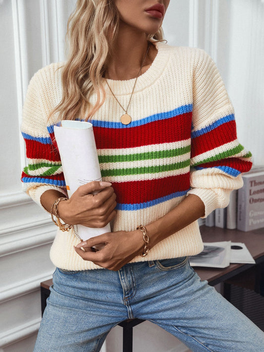 Contrast Stripes Round Neck Long Sleeve Sweater-Angel Casuals