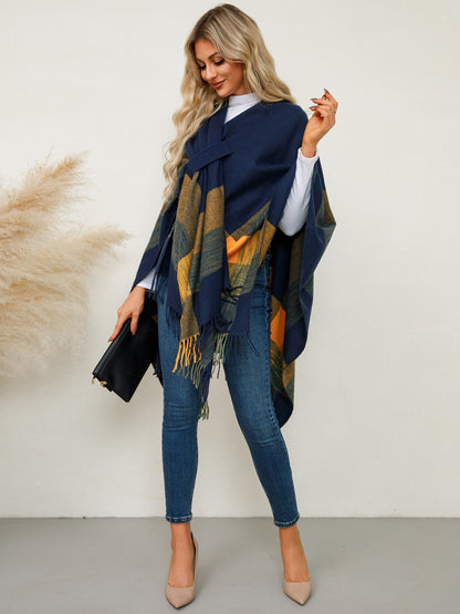 Fringe Contrast Plaid Poncho-Angel Casuals