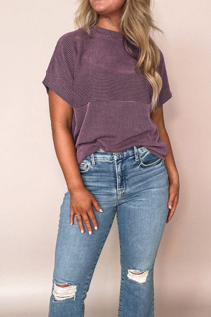 Corded Knit Mock Neck Short Sleeve T Shirt-Angel Casuals