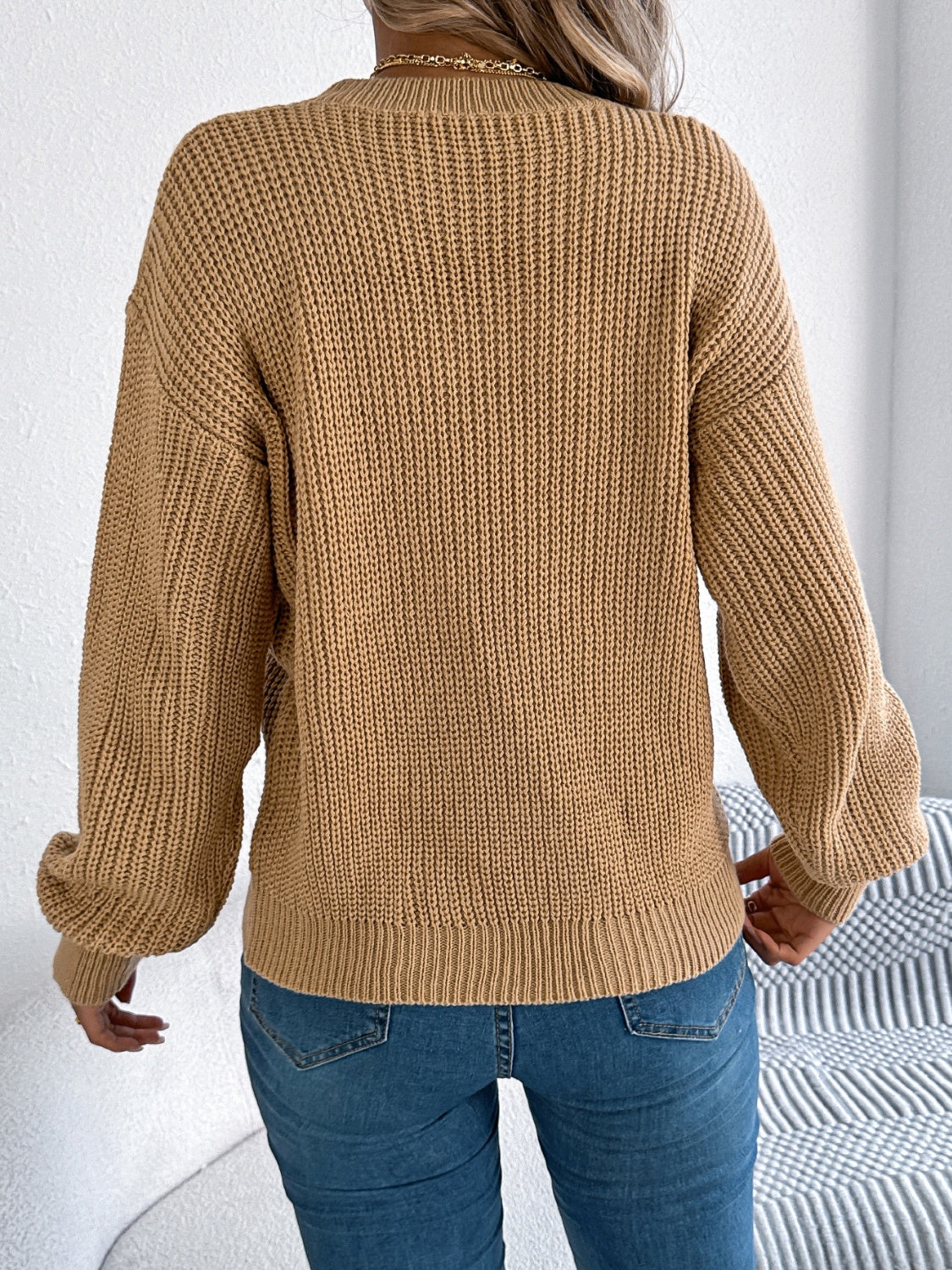 Openwork Round Neck Long Sleeve Sweater-Angel Casuals