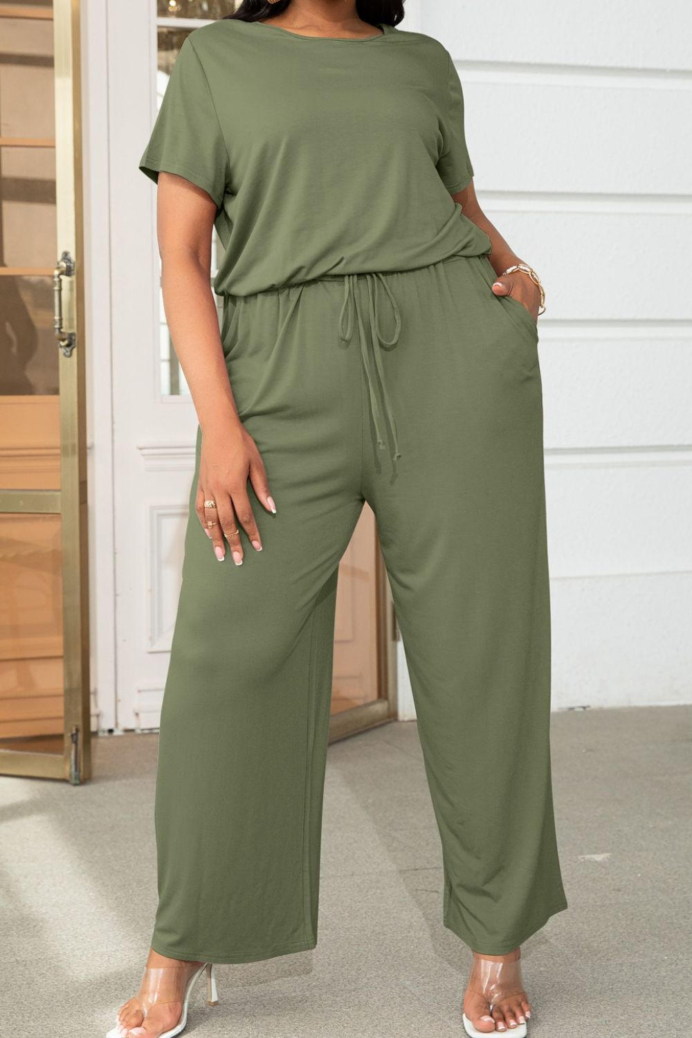 Plus Size Drawstring Waist Short Sleeve Jumpsuit-Angel Casuals