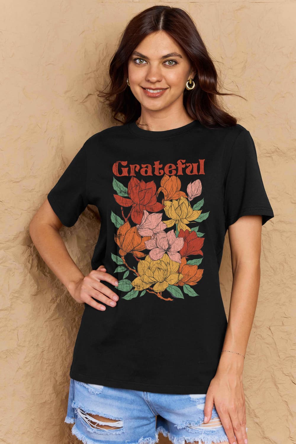 Simply Love Full Size GRATEFUL Flower Graphic Cotton T-Shirt-Angel Casuals