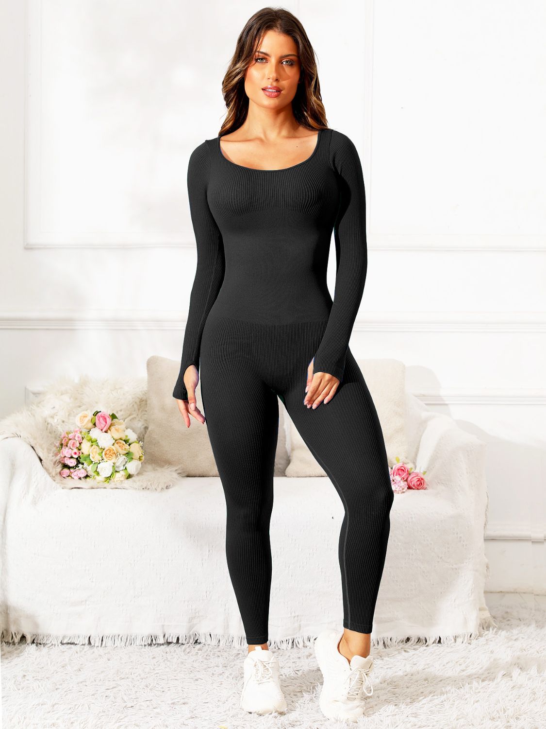 Scoop Neck Long Sleeve Active Jumpsuit-Angel Casuals