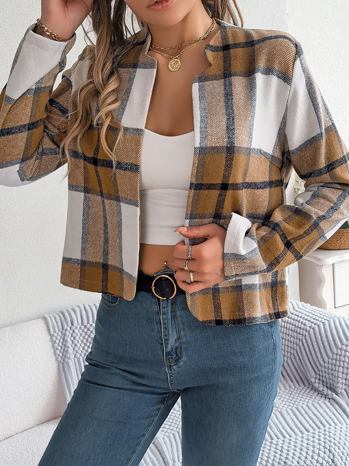 Plaid Open Front Long Sleeve Jacket-Angel Casuals