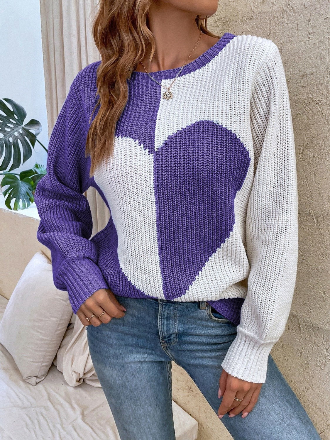 Contrast Heart Round Neck Long Sleeve Sweater-Angel Casuals