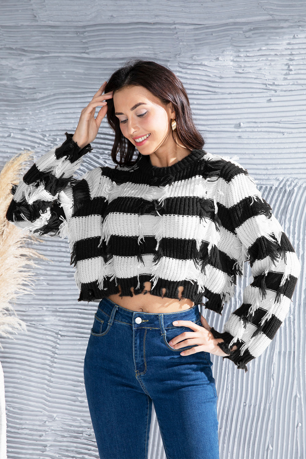 Striped Fringe Round Neck Sweater-Angel Casuals