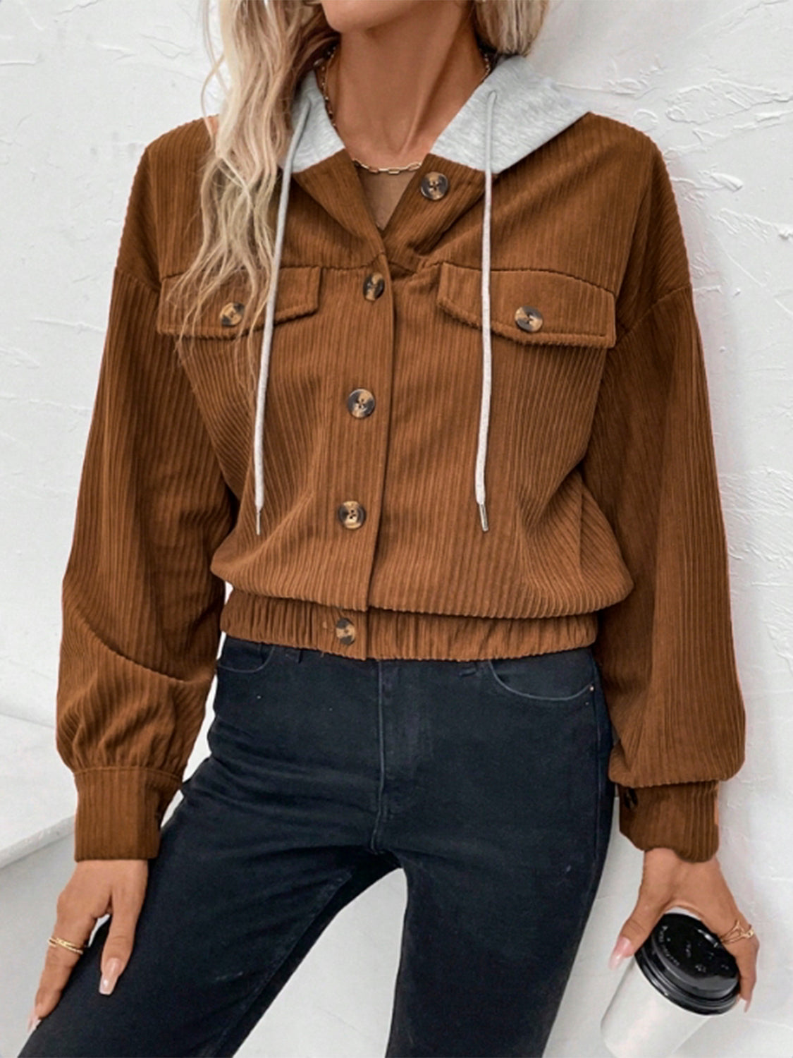 Button Up Drawstring Hooded Jacket-Angel Casuals